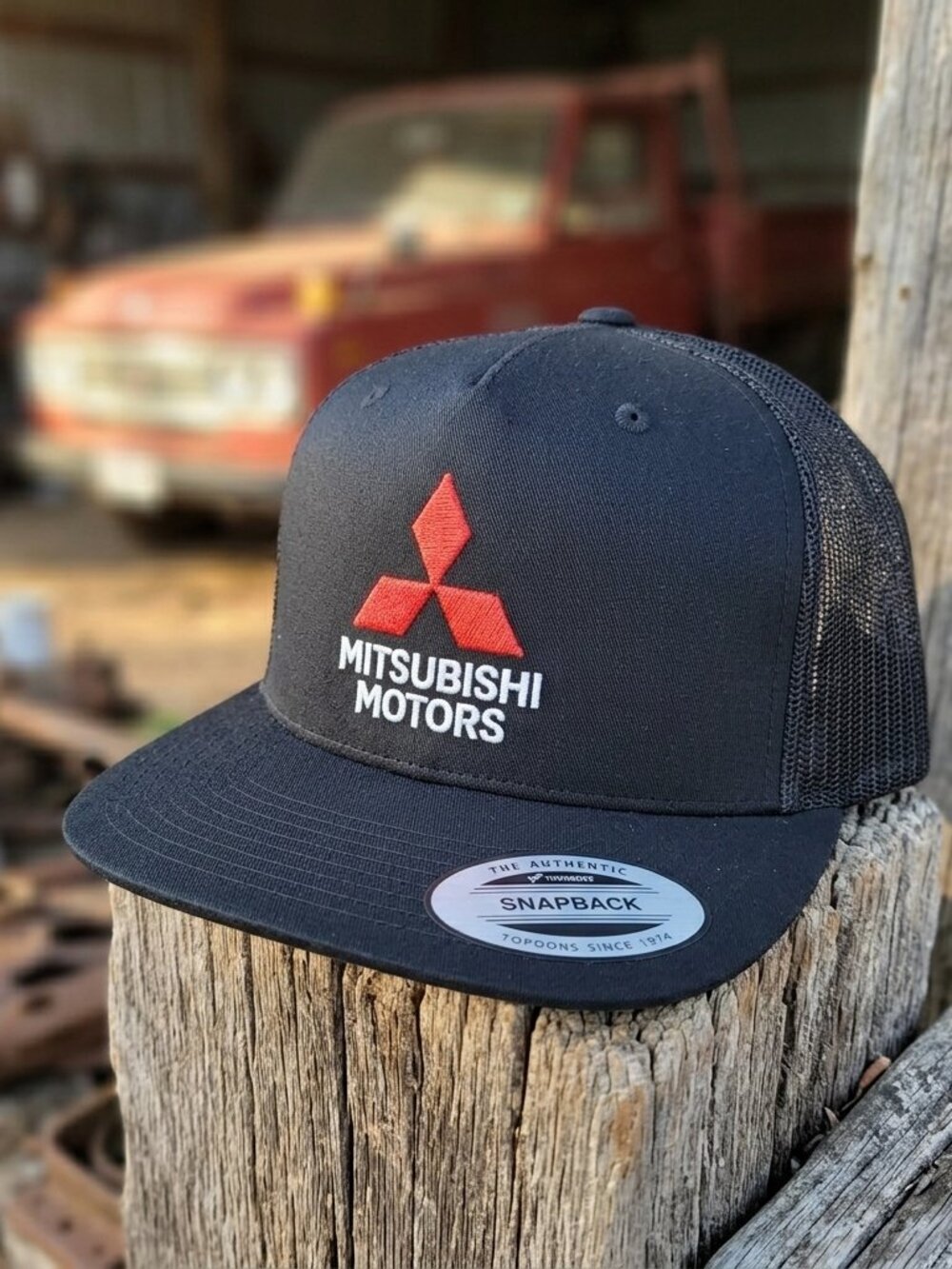 Mitsubishi Motors JDM Rally Embroidered Black Flat Bill Yupoong Snapback Hat 90s